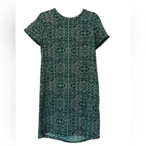 Adrienne Vittadini Short Sleeve Shift Dress Blue Green Geometric Print Size 6
